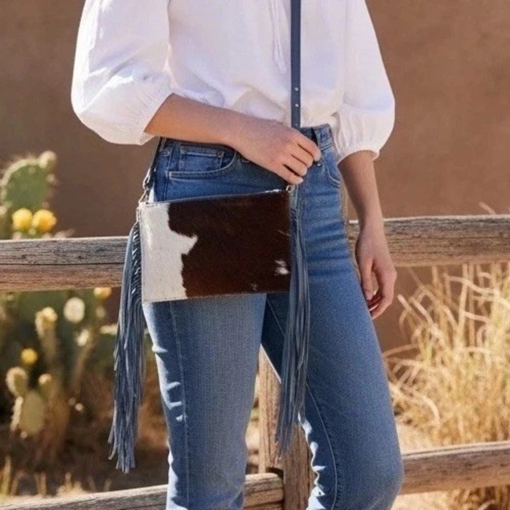 Western Linen TX—Cowhide Crossbody Fringe LTD Bag Blue Homestead Coastal Cowgirl